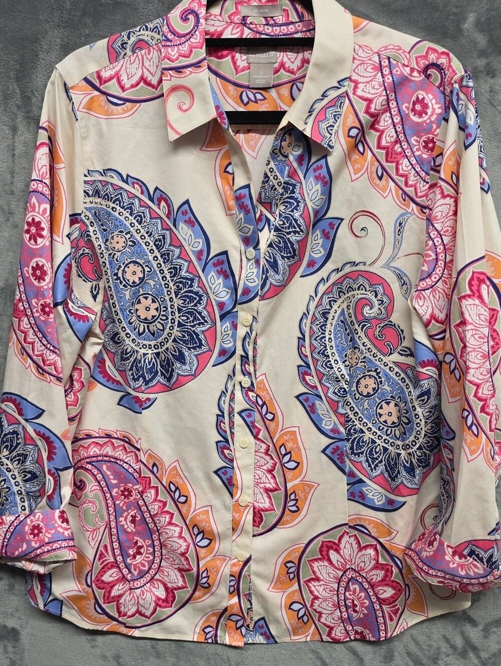 Chico's Cream Paisley Button-Down Shirt with Blue, Pink & Orange Sz 3(XL)